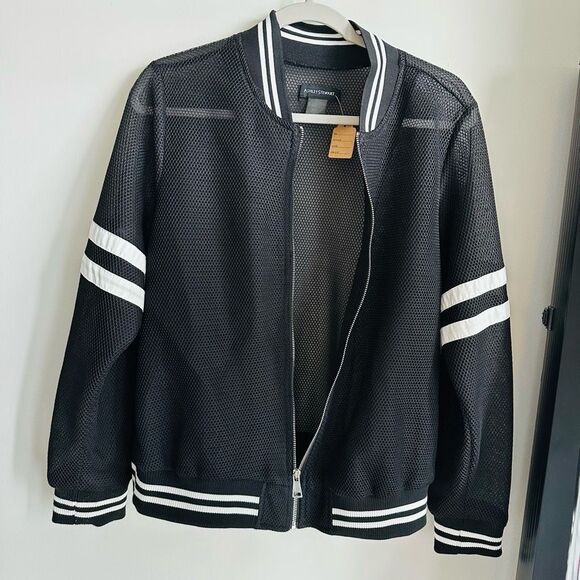 Ashley Stewart Black Mesh Bomber Jacket L/XL White Arm Stripe EUC - Picture 5 of 6